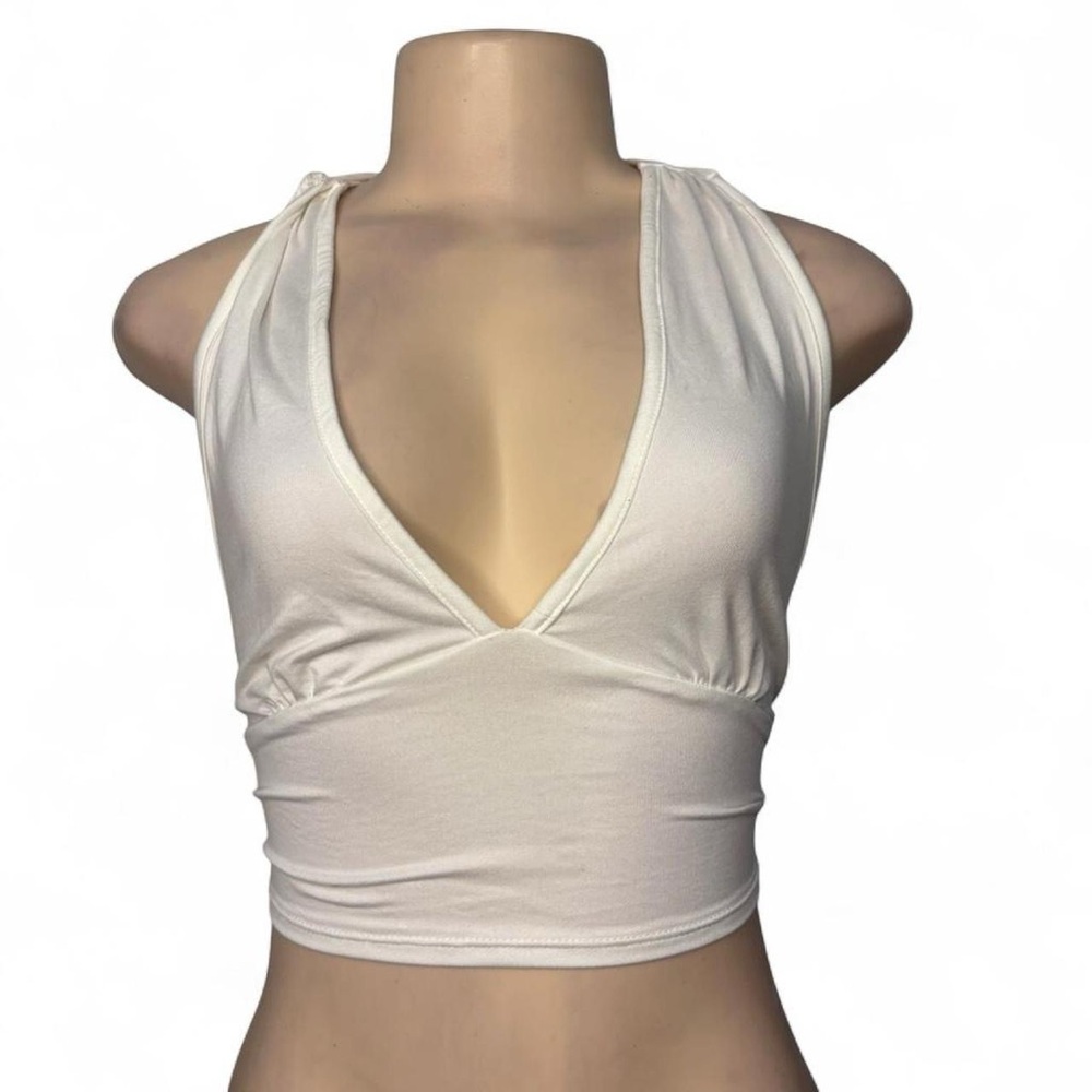 White Deep V Halter Crop Top